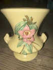 Vintage McCoy Pottery Blossom Time Vase Double Handle Yellow Matte Pink Flower