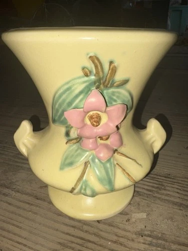 Vintage McCoy Pottery Blossom Time Vase Double Handle Yellow Matte Pink Flower