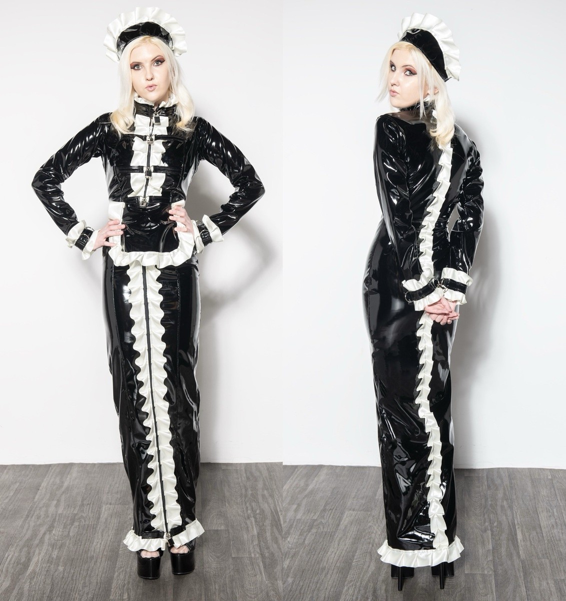 Misfitz blk PVC & ivory satin lockable sissy Maids hobble dress. SIZE 20.  CD TV | eBay