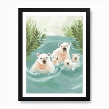 Polar Bear Family Swimming In A Riv Framed Wall Art Poster Canvas Print Picture