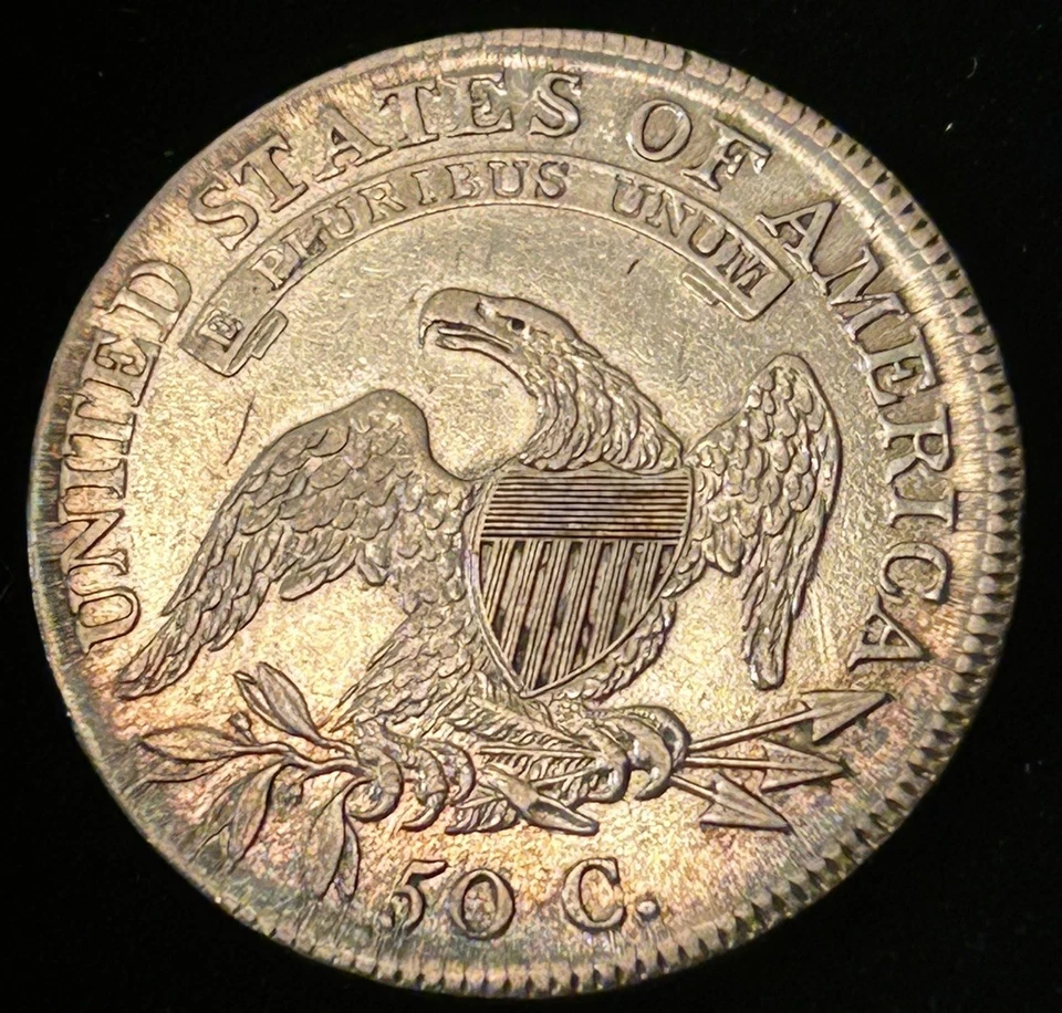 Medio dólar de plata busto tapado 1810 50c O-103 AU+ Tonificación original Obv Die Crack Foto 4 de 4