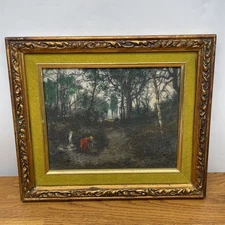 Vintage Engraving Plaque Etched Hand Colored Woman Gathering Sticks In Forest