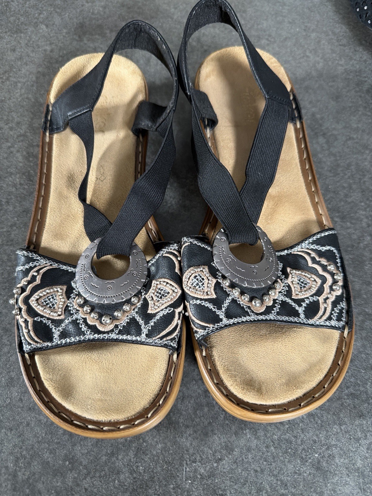 Rieker Women’s Sandals Size 41 US 10 Black Embroidered Sling back Comfort Boho