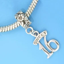 Sweet 16 16th Birthday 925 Sterling Silver European Dangle Bead Charm Sixteen