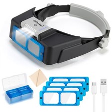Headband Magnifier with LED Light,Rechargeable Head Mount Magnifier 1.5X to 3.5X