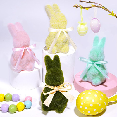 4PCS Easter Bunny Decorations, Moss Bunny Figurine with Bow, Artificial Moss Rab