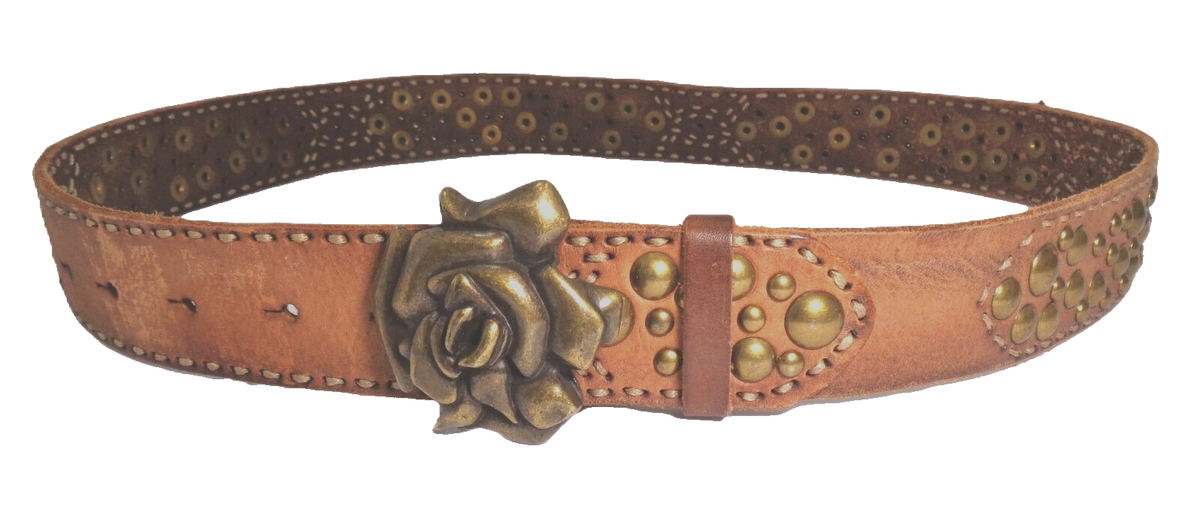 Vintage Studded Belt Brown Leather Gunmetal Floral BuckleWomens L
