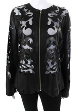 In Transit Womens Leather Cutout Mesh Full Zip Crew Neck Jacket Black Size Large