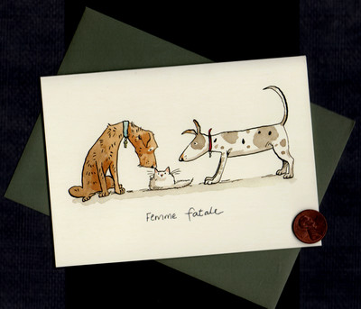 HTF Dogs Sniffing and Cornering Cat - Humorous SMALL Blank Note Card W/ TRACKING