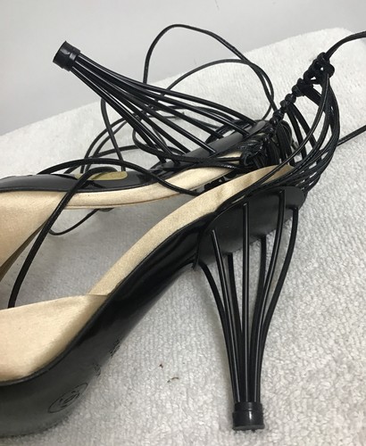 Chanel Shoe Ivory Satin Black Leather straps Cap Point Toe Metal Cage Heel 38.5 - Picture 3 of 12