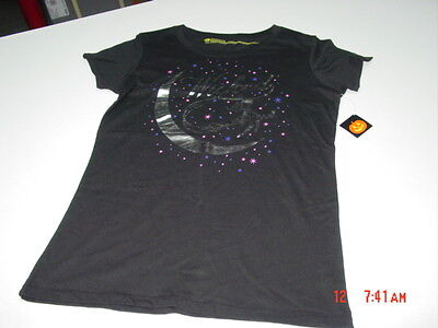 Womens T-Shirt Rhinestone Bling Black Fitted Tee Happy Halloween Bat Witch Hat