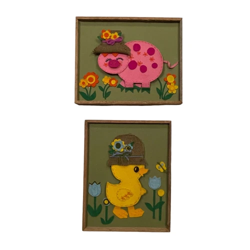 Pair of 1970s Vintage Felt Wall Hangings Children’s Room/Nursery - Pig and Duck