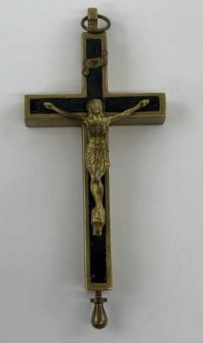 Antique Catholic Reliquary Box Relic Crucifix Pendant Cross Brass & Ebony Empty