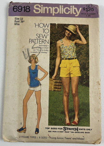 Vtg OOP Simplicity Sewing Pattern 6918 1970s Tank Tops & Shorts Miss Sz 12 UC FF - Picture 1 of 7