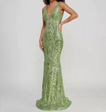 Morgan & Company Womens Juniors' Green Deep-V Illusion Sequin Gown Dress Size 5