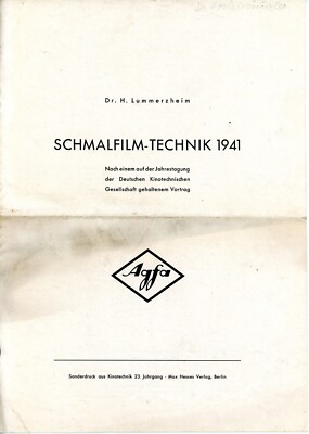 AGFA Sonderdruck SCHMALFILM-TECHNIK 1941 von Dr. H. Lummerzheim (Y4986