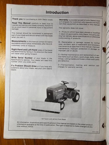 John Deere 42" Front Blade for 130 160 165 180 185 Tractor Operator Manual 7/85 - Picture 6 of 19
