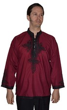 Moroccan Men Tunic Shirt Cafan Casual Handmade Embroidered Cotton XL Burgundy