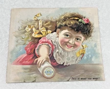 1880's Clarks ONT Sewing Machine Thread Trade Card Girl Pink Dress Yellow Bow