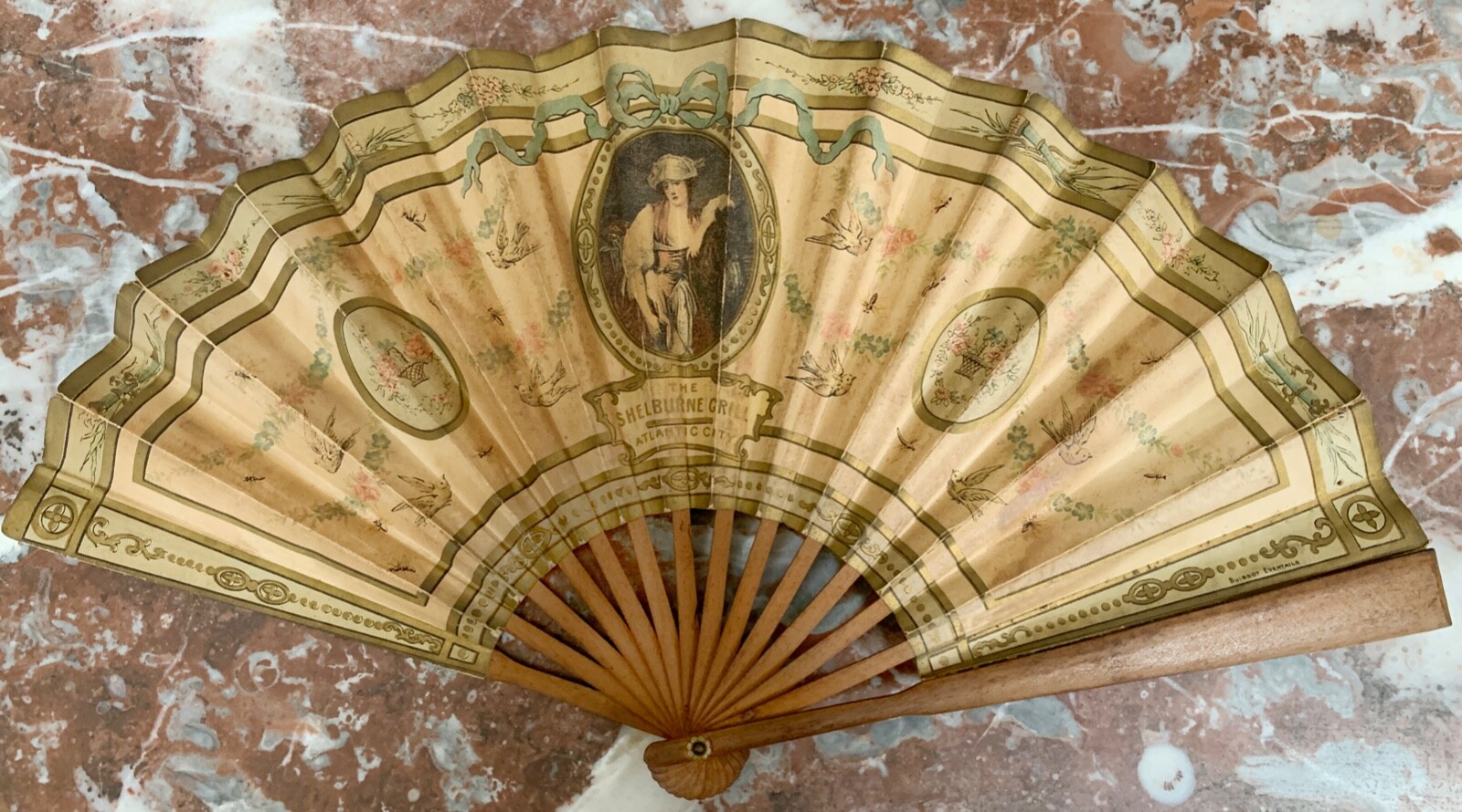 Ventilador de publicidad Shelburne parrilla, litografía de papel Atlantic City abanico Buissot