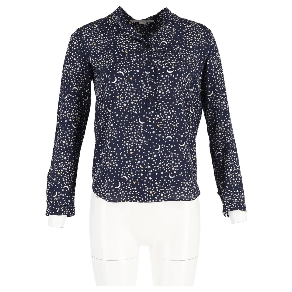 Blusa de seda con estampado de luna y estrellas Stella McCartney talla 8 42 azul marino manga larga Foto 3 de 4