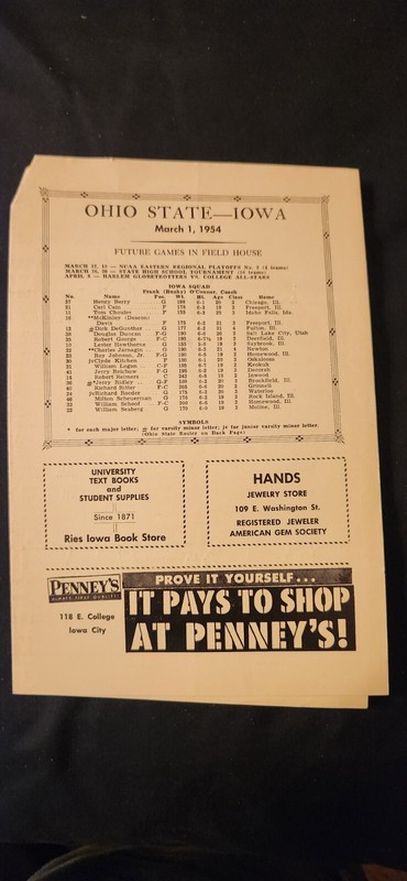 March 1, 1954 Ohio State Buckeyes Vs. Iowa Hawkeyes basketball Program