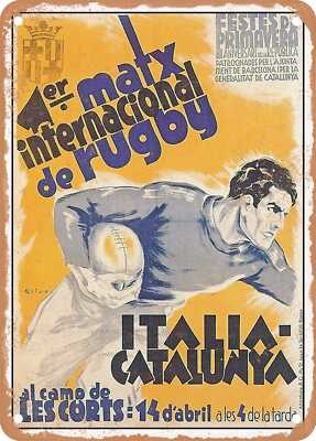 METAL SIGN - 1936 1st International Rugby Match, Italy Catalonia Vintage Ad