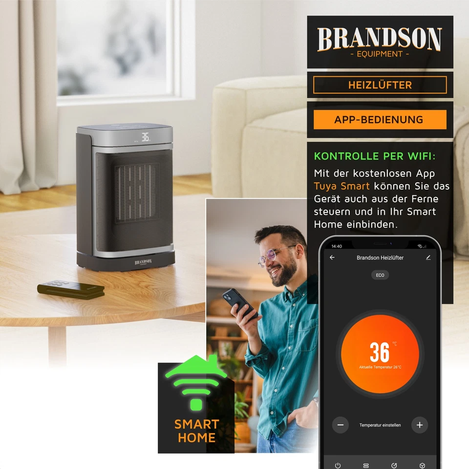 Brandson Keramik-Heizlüfter 1500W WiFi APP Timer Fernbedienung Schwarz - Bild 4 von 4