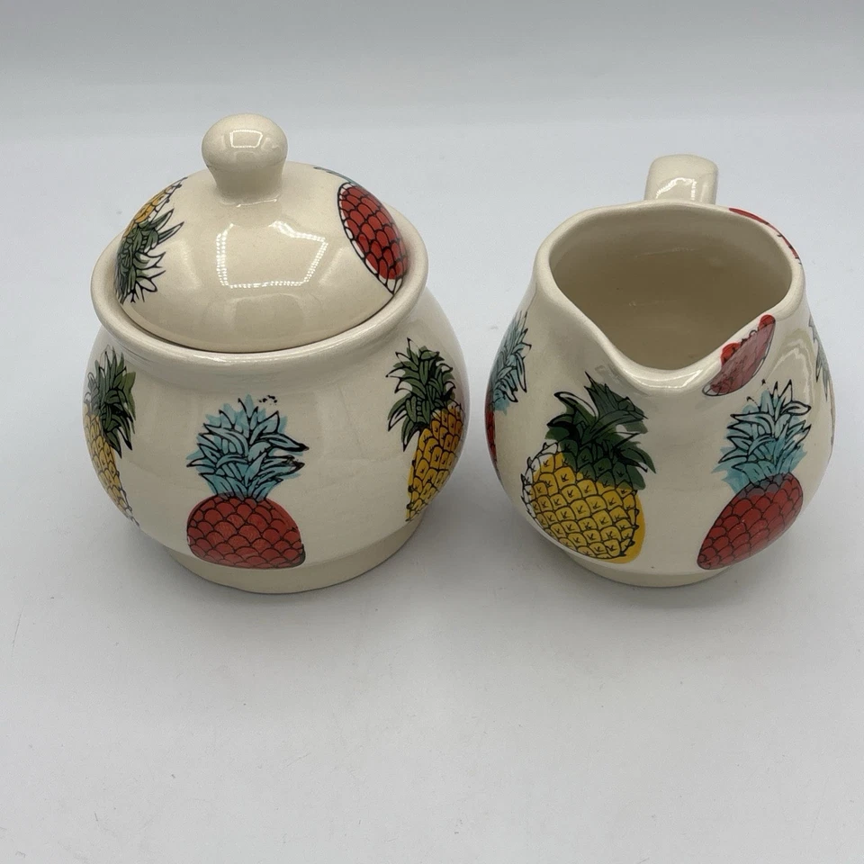 Signature Housewares Pineapple Stoneware Creamer & Sugar Dispenser Set Mint Cond - Image 2 of 4