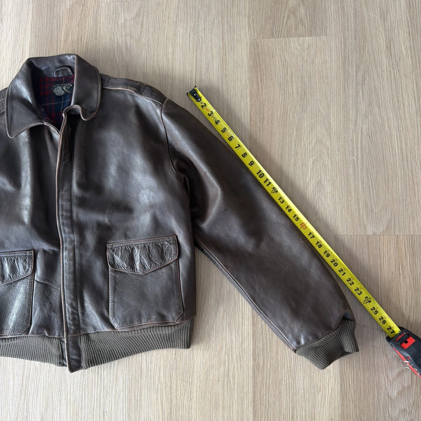 RRL Double RL Ralph Lauren Mens Leather Jacket Plaid Lined MEDIUM A-2 reference image 5