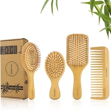 Bamboo Hair Brush Set Natural Wooden Bamboo Comb Paddle Detangling Hairbrush fo