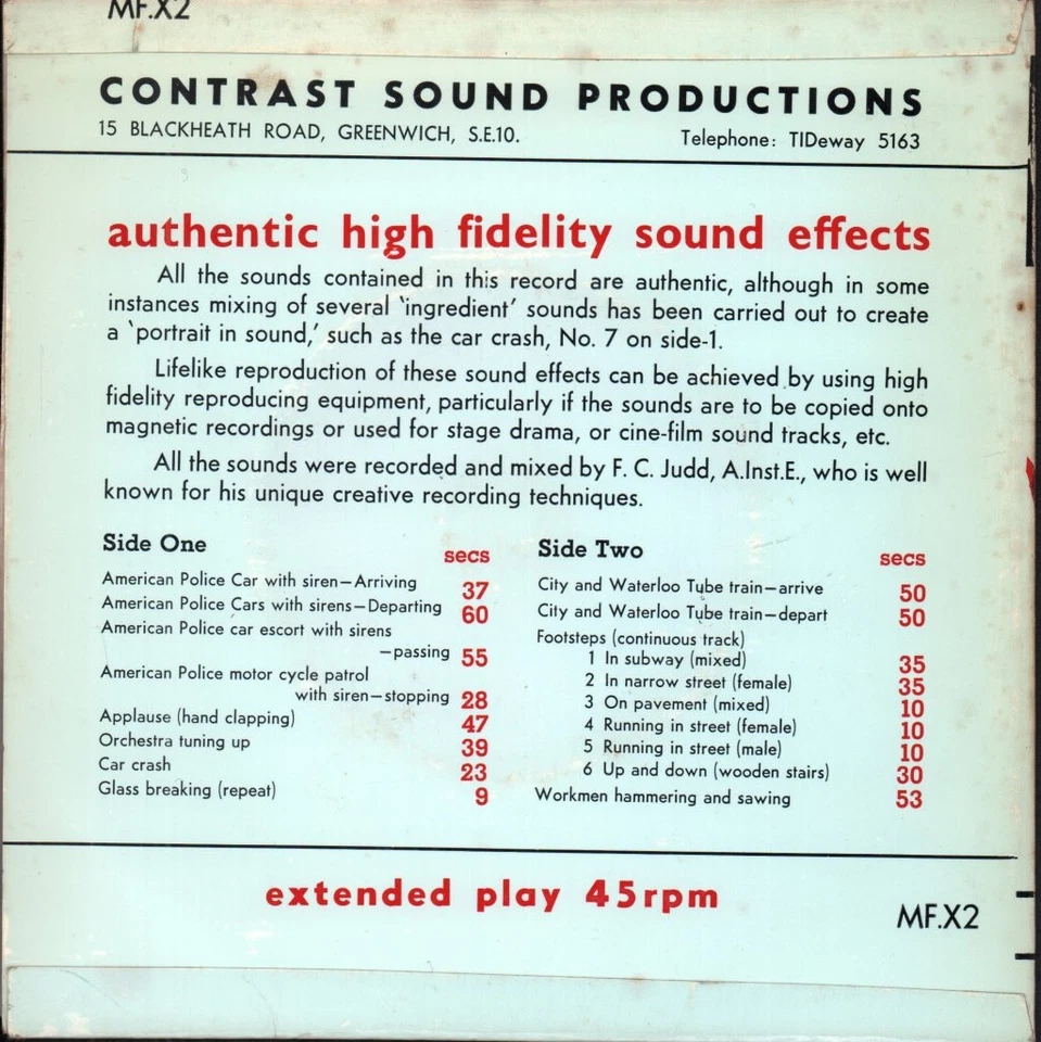 Frederick Judd Authentic High Fidelity Sound Effects 7" vinyl UK Contrast with - Image 2 of 3