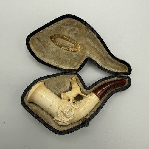 Antique Carved Horses Meerschaum Pipe + Case