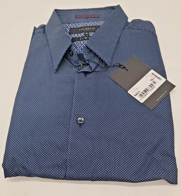Ted Baker Long Sleeve Shirt 16” Slim Fit Navy Print NEW - Image 1 of 4