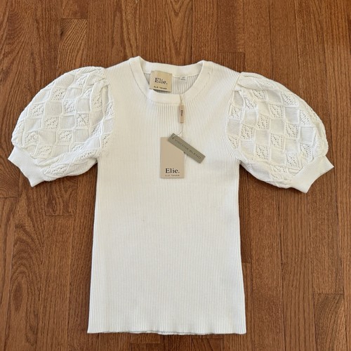 Elie Tahari Ribbed Knit Shirt Women’s Small White Puff Sleeve Crochet Boho Work