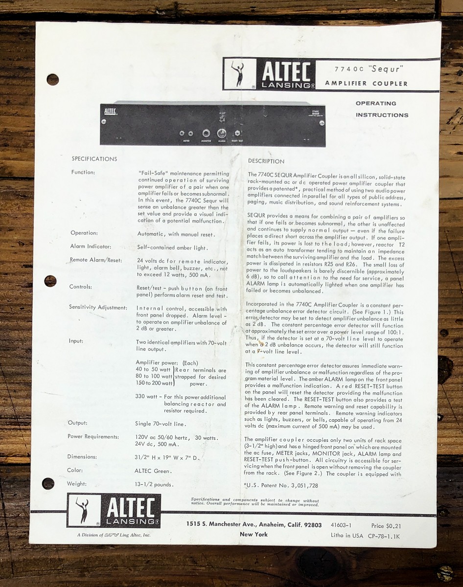 Altec Lansing Model 7740C Amplifier Coupler Owners / User Manual *Original*
