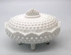 Vintage Fenton White Milk Glass Hobnail Footed Oval Candy Dish With Lid