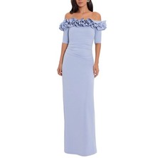 Xscape Women's Isla Light Blue Long Crepe Ruffled Off The Shoulder Gown  LAD100