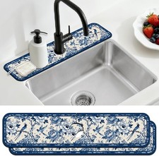 2 Pcs Kitchen Sink Splash Guard Faucet Mats Vintage Porcelain Flowers and Birds