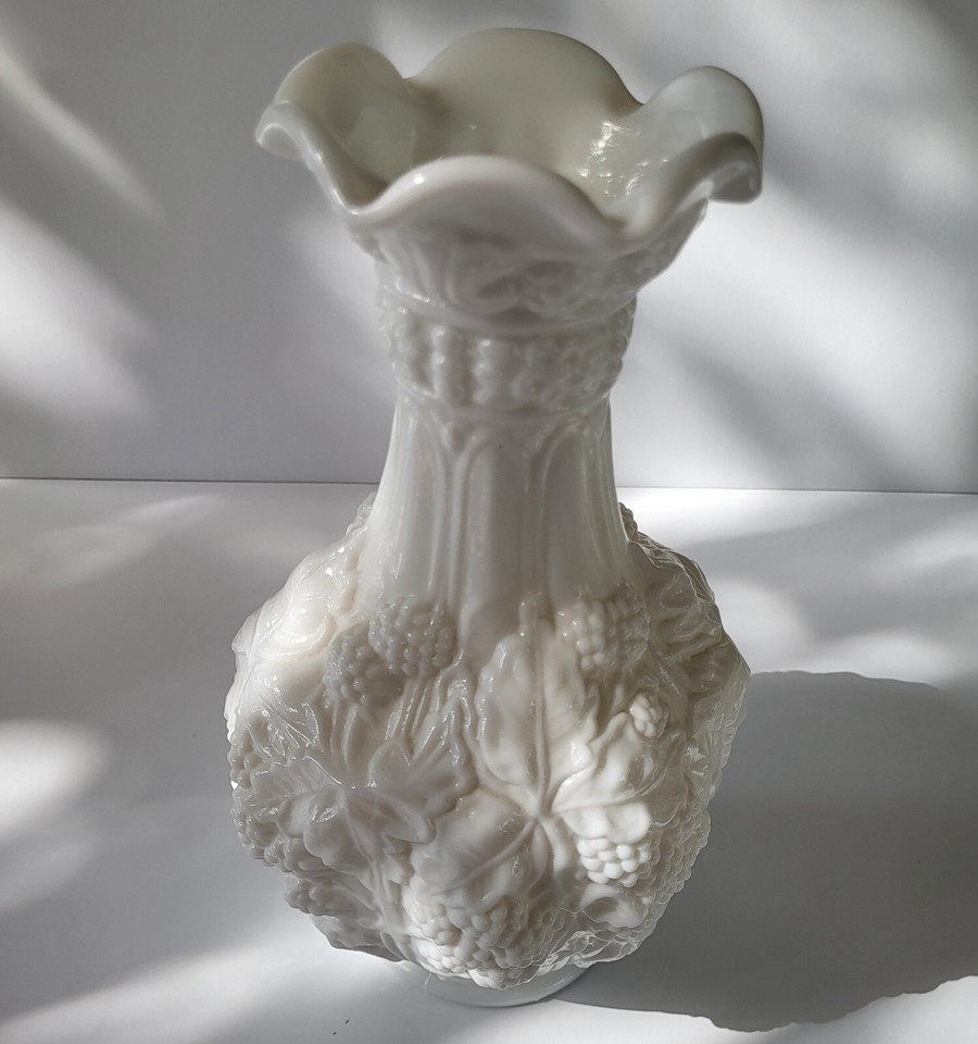 Vintage 10" Milk Glass Vase Imperial Glass Loganberry Pattern Embossed