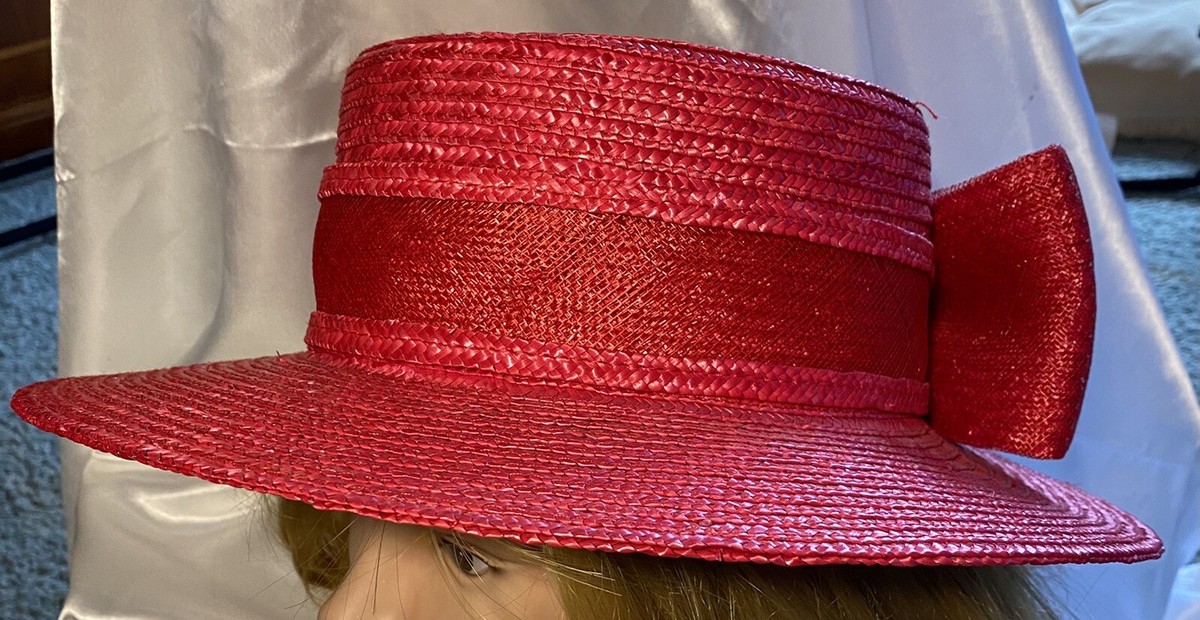 Betmar New York Red Straw Hat Bow Band Vintage Betmar New York Red Straw Hat Wide Brim Bow Flower  main image 2
