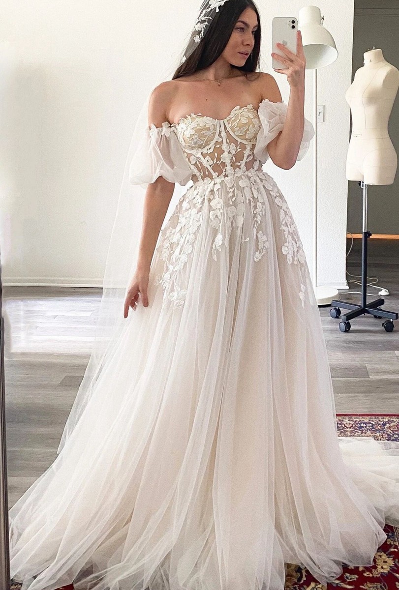 Blüten Spitze Brautkleid Hochzeitskleid Träger Illusion Korsage