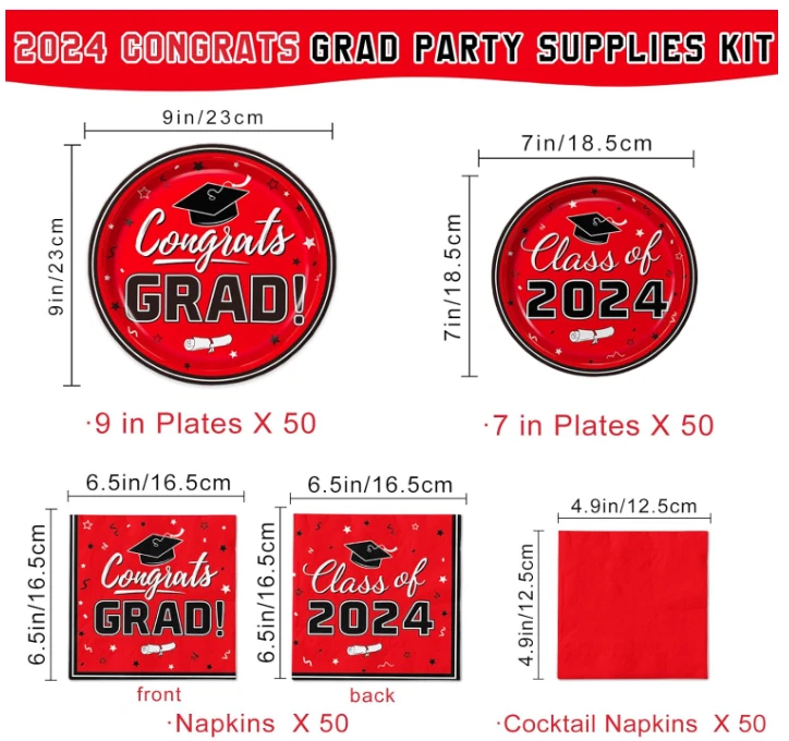 Выпускной украшения 2024 лот красный/черный тарелки/салфетки/воздушные шары/карточка коробка * читать - Изображение 4 из 4