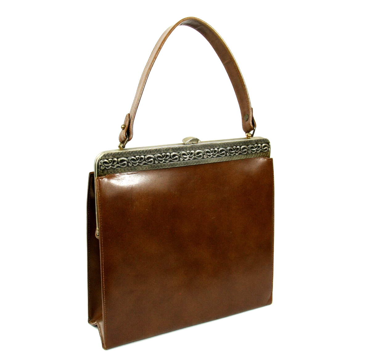 Vintage Faux Leather Metal Swirl Top Handle Handbag Pocketbook Purse Kelly  Bag