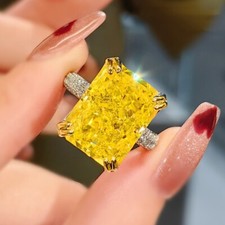New 16mm Shinny Ice Flower Cut Yellow Citrine Gems Charm Women Girl Silver Ring