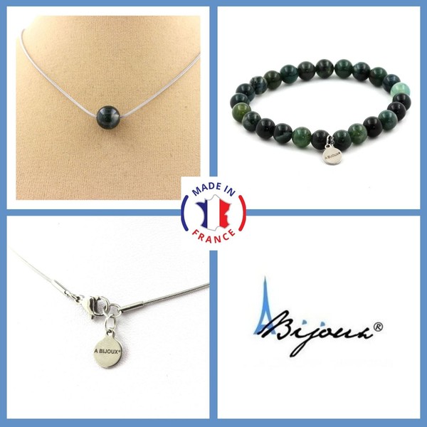 Steine Und Mineralien. Schmuckset Armband Halskette 1 Perle Achat Moos 8 Mm.-image