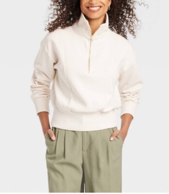 Women's A New Day Cloud Knit Quarter Zip Pullover Cream Size 2X