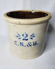 Primitive E.S.&B 2-Gal Beige Salt Glazed Stoneware Crock Blue Cobalt Stencil   
