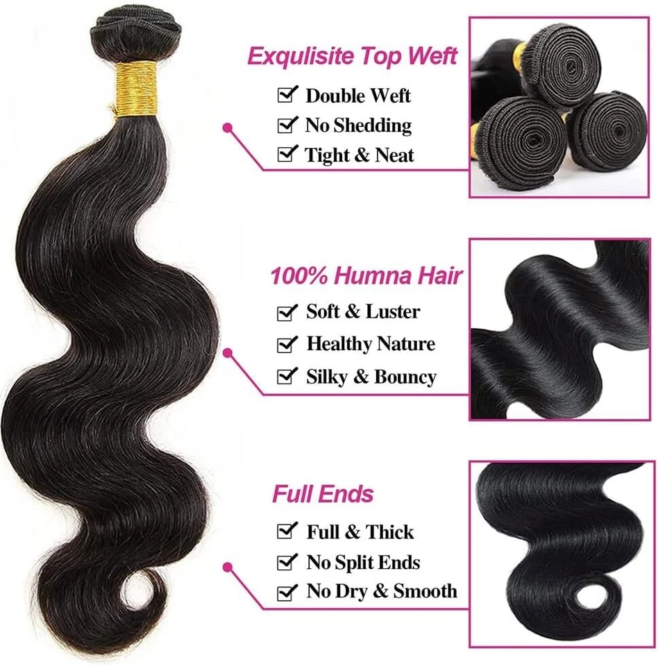 #1B Body Wave Human Hair Bundles 1/3/4 Pcs Virgin Remy Hair Extensions Ship US - Image 3 of 4
