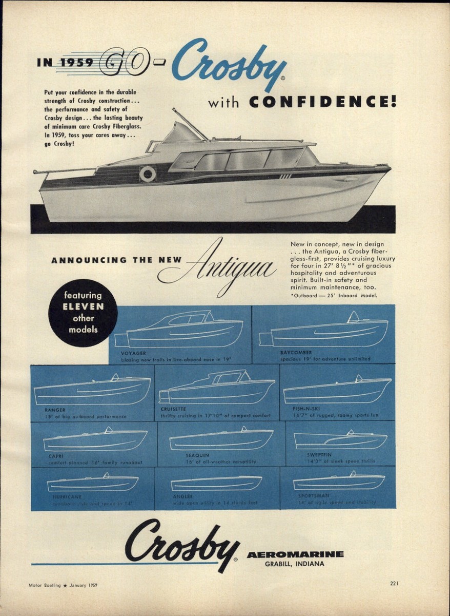 1959 PAPER AD Crosby Antigua Luxury Boat Crus Along Angler 22